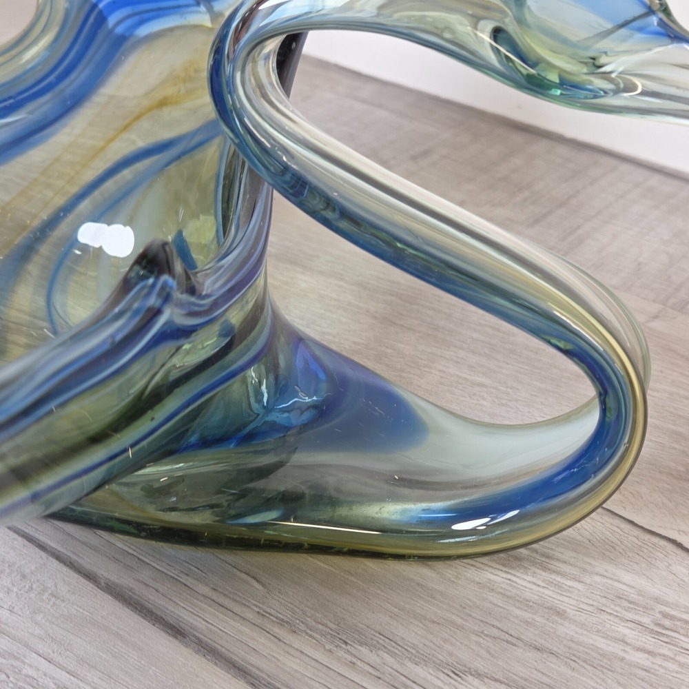 Vintage Hand Blown Blue Swirl Sooner Art Glass Swan Bowl 14" Long Large - Picture 6 of 12